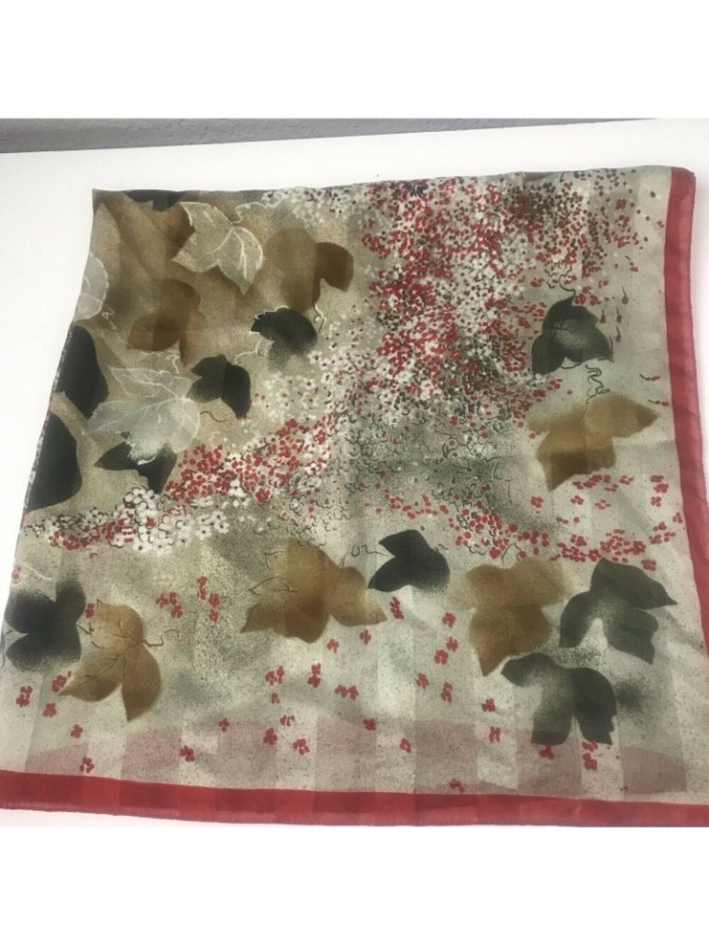 Abstract Vine & Floral Scarf Multicolor 30X30 Square Red Olive Autumn Print - Picture 2 of 2